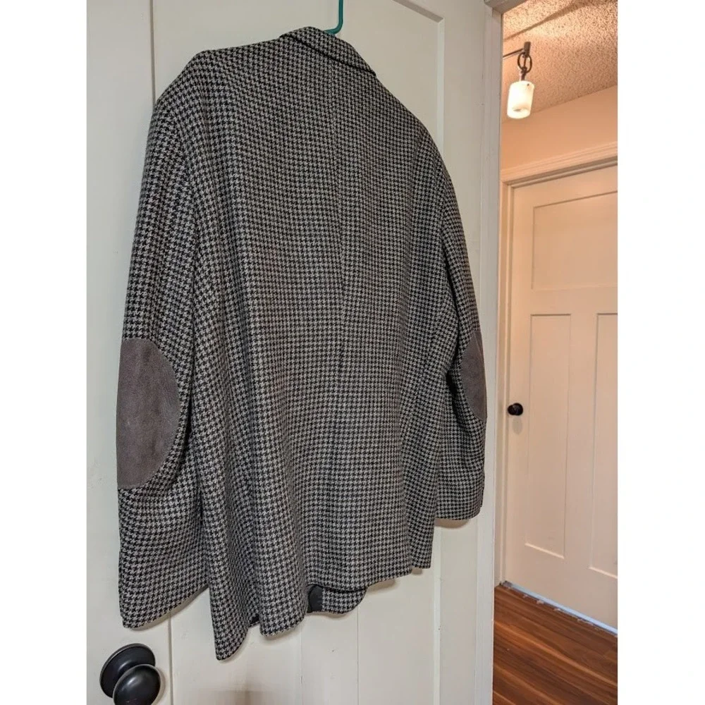 Tailored in USA Houndstooth Blazer Mens Grey Excellent Elbow Patches Sport Coat